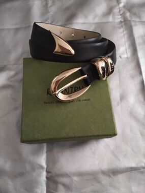 Women's Black Leather Belt with Gold Buckle